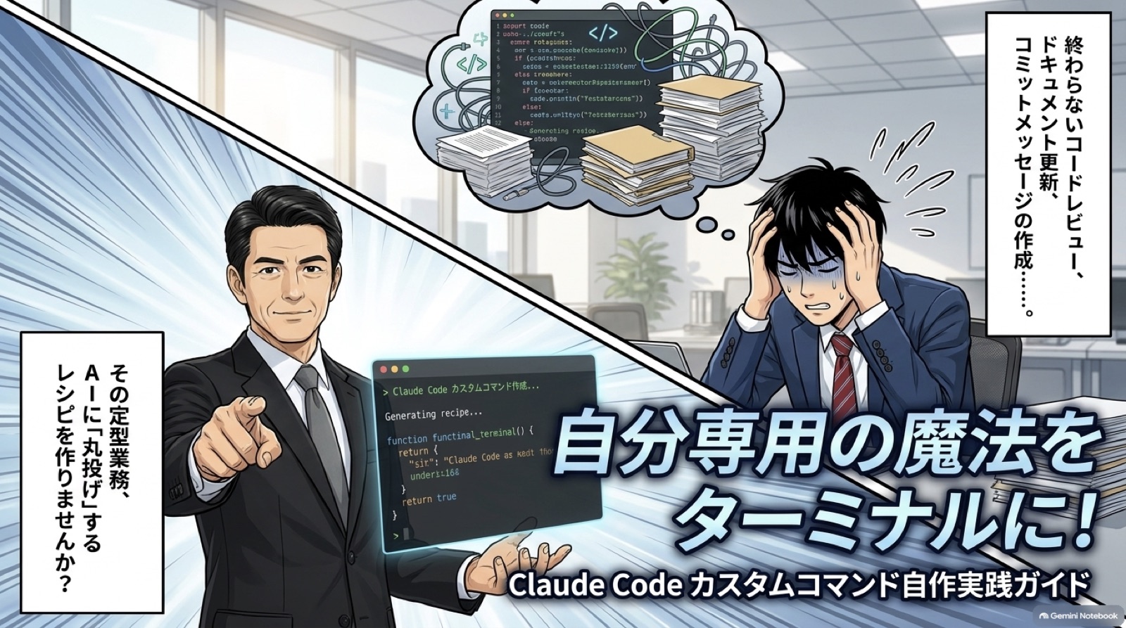 【ビジネス漫画】Claude Codeでカスタムスラッシュコマンドを作る（1回版） のインフォグラフィック（2026-08-30）