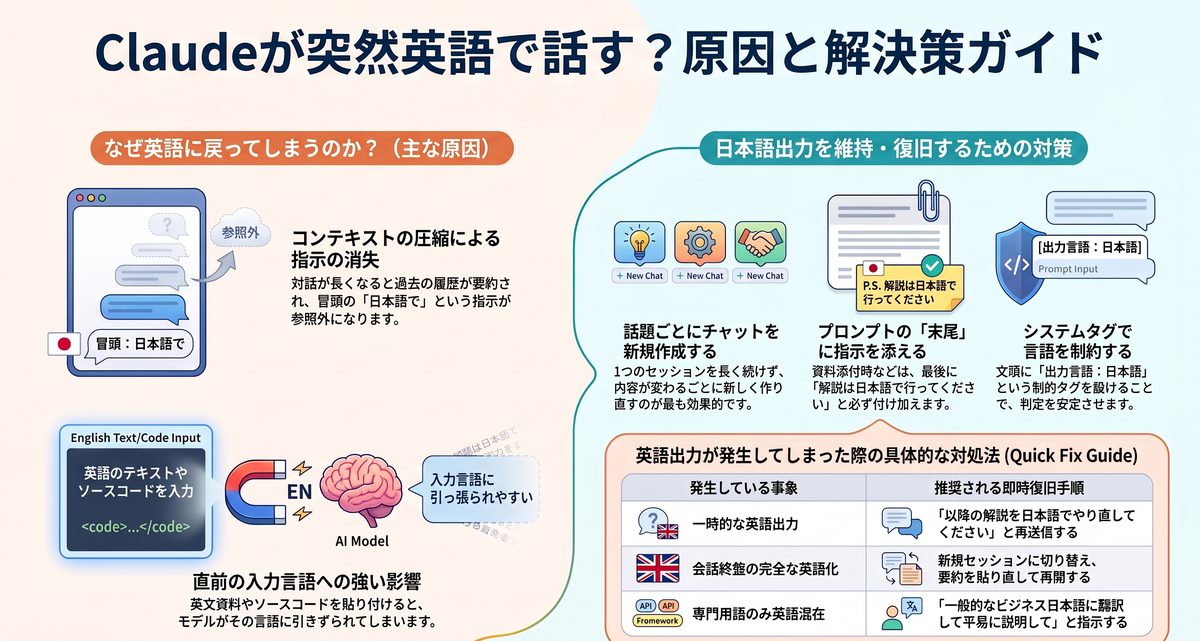 Claudeの日本語出力が英語に戻る原因と解決策は？
